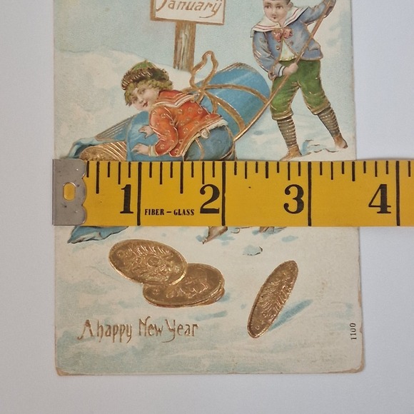 Antique 1 January New Year Postcard Germany Kids Sled Gold Embossed Gilt - Picture 7 of 8